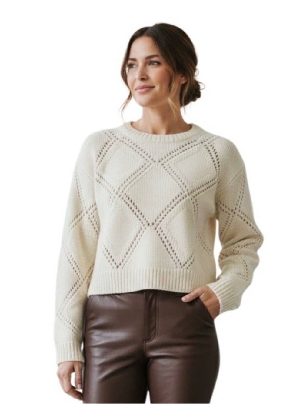 NWT Vince Textured Argyle Italian Wool Sweater Cream Ivory Crew Neck Medium